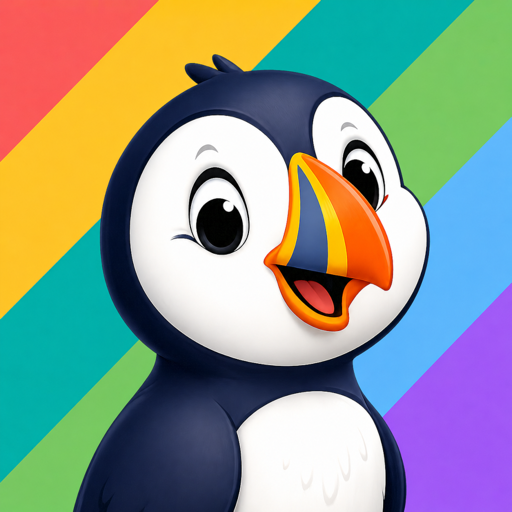 Puffling, a cheerful cartoon puffin, on a rainbow background