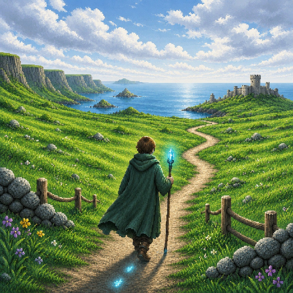 A traveler with a glowing Epoch staff walks a path toward a castle on the Irish coast