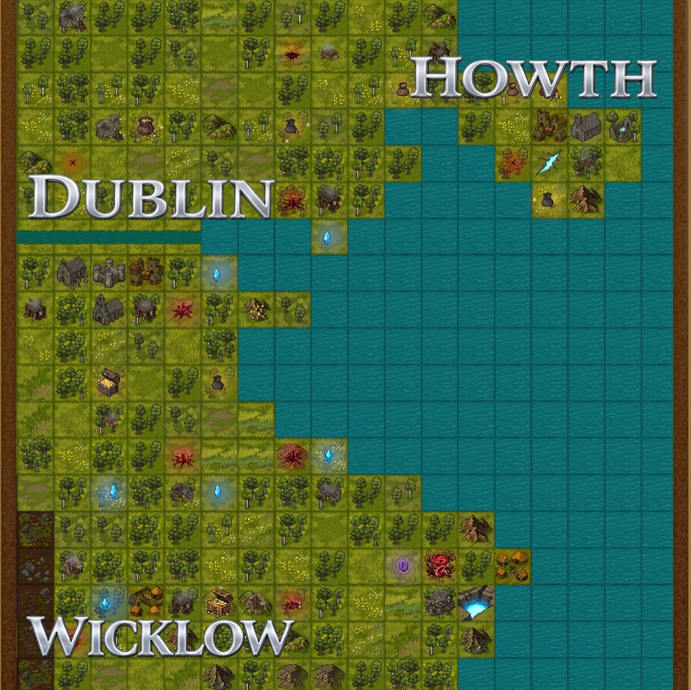 A revealed corner of the map near Dublin, Howth, and Wicklow, dotted with forests, ruins, caches, and Epoch crystals